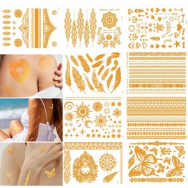 AYNKH 9 temporäre Tattoos für Damen (110+ Designs), Metallic-Glitzer-Tattoos mit Mandala-Motiven, Blumen, Sommersprossen, wasserdicht, lange Haltbarkeit, Festivals, Urlaub, Partys, Körperkunst