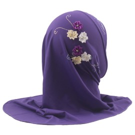 Modest Beauty girls Muslim Islamic Scarf Hijab Handmade flower lovely Rhinestone Headscarf for Kids, Dark Purple, One Size