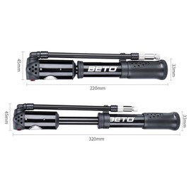BETO Mini Bicycle Pump with Presta/Schrader Valves, 300PSI Bicycle Air Pump HI-P/HI-V Dual Mondus for Road Bike, Mountain Bike, BMX Black
