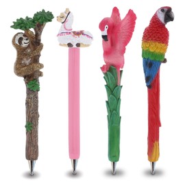 Planet Pens Bundle of Sloth, Llama, Tropical Flamingo, & Red Parrot Novelty Pens - Unique Ballpoint Pens Colorful Tropical Animals Writing Pens For School & Office Decor - 4 Pack