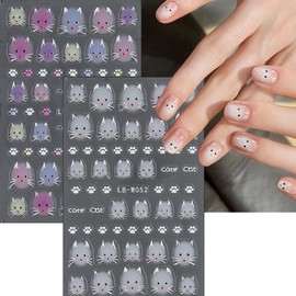 2 Sheets Cute Cat Nail Stickers White Cat Face English Nail Decals Paw Print 3D Self-Adhesive Nail Design Stickers for Women DIY Summer White Purple Yellow Manicure Decoration Supplies