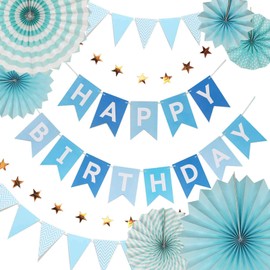 SQ-03 Birthday Decoration Set, Boys, Girls, Paper Fan, Baby Shower, Birthday Party, Decoration Set, Happy Birthday Garland, Happy Birthday Banner, Birthday Flag, 100 Day Celebration, Decoration, Room Photography, Blue