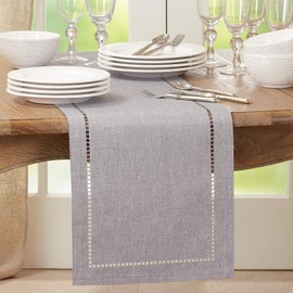 BIPASION Handmade Hemstitch Table Runner Farmhouse Style Table Runner Dresser Scarf for Everyday Dining Wedding Party Holiday Home Decor (12 x 71 Inches, Light Grey)