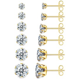 6 Pairs Earrings Set, 316L Surgical Steel Earrings for Men and Women, Cubic Zirconia Stud Earrings Set, Hypoallergenic Stud Earrings, 3-8 mm, Stainless Steel