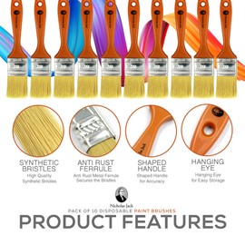 10 Pack Paint Brushes Ideal for Walls & Ceilings, Paint Brush Set with Synthetic Bristle Brush, Heavy-Duty Gloss Paint Brush for Fiberglass and Laminating (1 Inch)