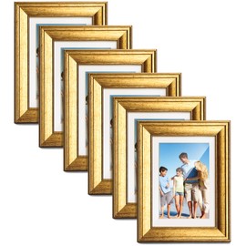 TWING Gold Picture Frame 6 Packs 4x6 Wood Displays 3.5x5 Photo Frame with Mat or 4x6 Inch Without Matted Shatter-Resistant Glass Table Top Display and Wall Mounting Photo Frame
