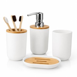 Set 4 Baño Dispensador, Jabonera, Porta Cepillos, Vaso Blanco