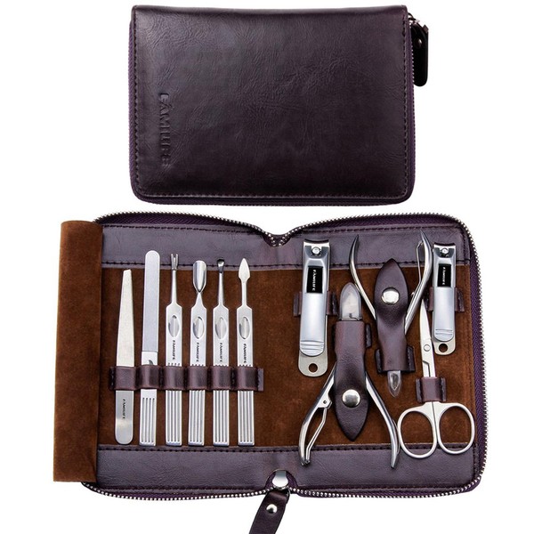 Manicure Set FAMILIFE Nail Clippers Set Professional Manicure Kit 11 in 1 Stainless Steel Pedicure Tools Nail Kit Mens Grooming Kit with Portable Leather Travel Case Dark Purple Birthday Gifts For Men