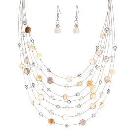 Multi-Layer Boho Shell Beaded Necklace for Women Colorful Crystal Strand with Silver Beads Statement Collars Necklace and Earrings Costumes Jewelry Sets for Women(Natural)