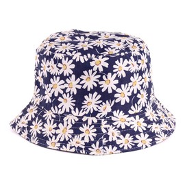 BYOS Reversible Packable Summer Daisy Printed Cotton Bucket Sun Hat,Various Patterns (Daisy Navy)