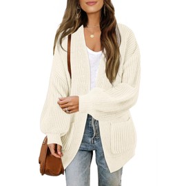 MEROKEETY Women's Fall Open Front Long Lantern Sleeve Cardigan Oversized Chunky Outwear with Pocket Beige