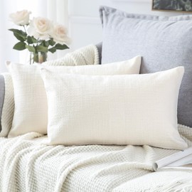 OTOSTAR Linen Throw Pillow Covers Pack of 2 Decorative Square Pillowcases Cushion Covers 12x20 Inch for Home Decor Sofa Bedroom Car 30 x 50CM Cream White/Beige