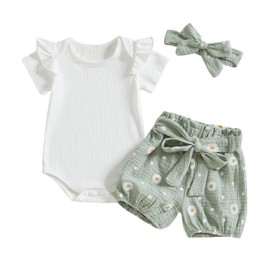 L&ieserram Baby Girls Little Daisy Print Outfits Short Sleeve Bodysuit Top Belted Pants Headband 3Pcs Summer Set (White Green, 12-18 Months)