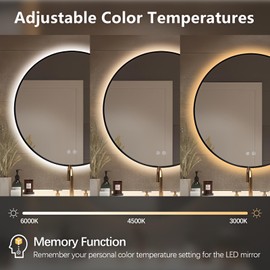 Niccy 24" Round LED Bathroom Backlit Mirror with Lights, Black Frame Lighted Bathroom Vanity Mirror for Wall Circle Mirror with Anti-Fog, Light Up Mirror 3 Color ShatterProof