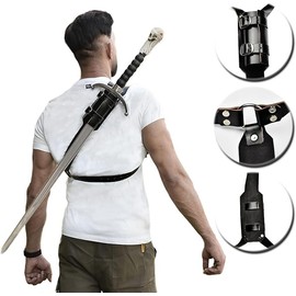 Medieval Authantic Leather Back Sword Shoulder Frog - Adjustable Sheath Holster Renaissance Warrior Costume Accessory Black