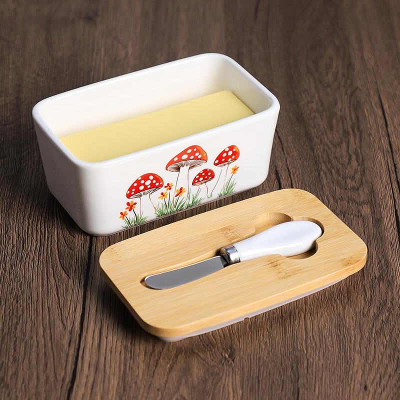 WAIT FLY Mushroom Ceramic Butter Dish with Bamboo Lid and