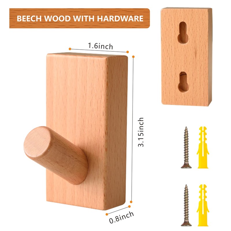 QUELLANCE Wood Wall Hooks for Hanging - 4 Pack Utility