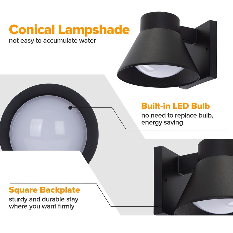 UME 2 Pack LED Outdoor Wall Light Fixtures, Black Front