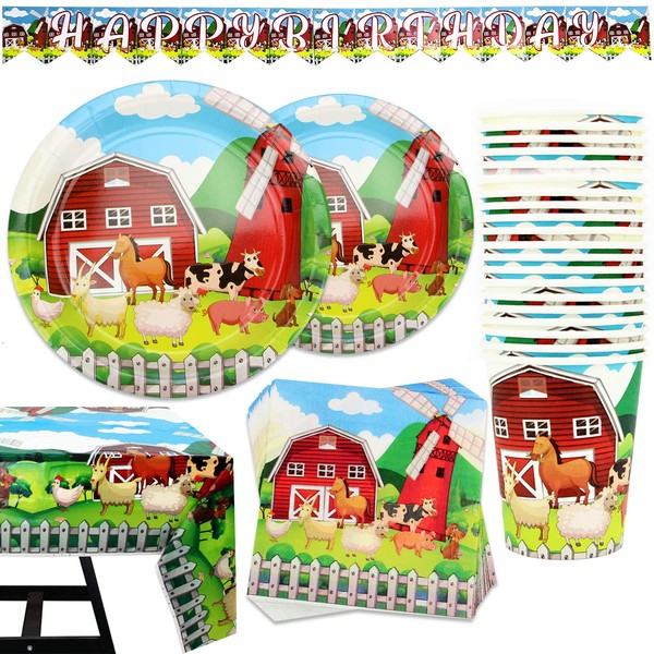 102 Piece Farm Animal Party Supplies Set Including Banner, Plates, Cups, Napkins, Tablecloth, Serves 25