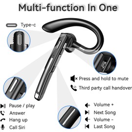 Bluetooth Headset Single Ear Business Earbuds, Wireless Bluetooth Headphones with Mic, Driving Headset with 800mAh Charging Case, 120 Hours Standby Time Bluetooth Earpiece, Fit for Call in Working