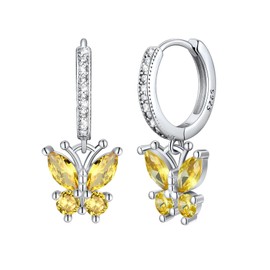 Butterfly Huggie Hoop Earrings - 925 Silver November Birthstone Yellow Topaz Butterfly Dangle Earrings Cute Butterfly Sterling Silver Jewelry for Women
