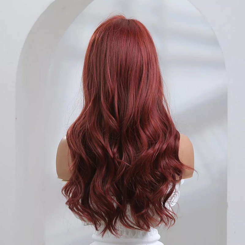 generic Peluca Larga Rojizo Marrón Rizada Ondulada Con Flequillo