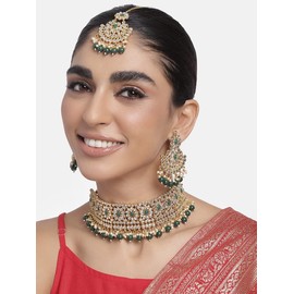 Aheli Faux Pearl Choker Necklace with Earrings Indian Traditional Bollywood Jewelry Set for Women Girls (Green Stone-Floral Chandbali)