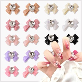 40PCS Bow Nail Charms 3D Resin Bow Nail Art Charms Colorful Mixed Style Bow Nail Charms and Gems Bow Charms and Heart Shape Nail Art Rhinestone Jewelry Kawaii Charms for Nails Stud Manicure Decor
