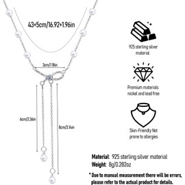 Sterling Silver Bow Pendant Necklace Knot Pearls Zirconia Charm Choker Trendy Ribbon Stuff Jewelry Gifts for Women Birthday Anniversary Graduation Mother’s Day