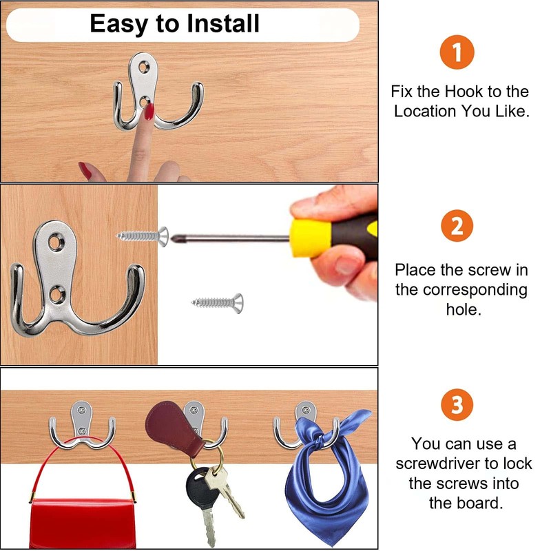 6 PCS Double Prong Robe Hooks Dual Coat Hooks Door