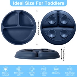 VYNZO Baby Plates with Suction -2 pack Suction Plates for Baby Toddlers-100% Food Grade Silicone1 Divided and 1 Clear Baby Plates with 1 Bib (Gift) Microwave & Dishwasher Safe -Boy