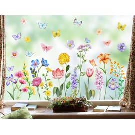 Spring Summer Tulips Butterfly Window Clings Watercolor Colorful Flower Window Stickers Double Sided Anti-Collision Window Static Clings Decor for Kids Room Nursery Glass Windows Holiday Supplies 8025