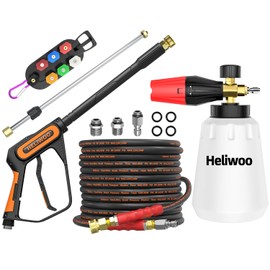 Heliwoo 5000PSI Pressure Washer Gun with Foam Cannon & 50ft Power Washer Hose, Pressure Washing Kit with 15" Extension Wand & 7 Nozzle Tips, 3/8" Quick Connector & M22 15mm/14mm Fittings