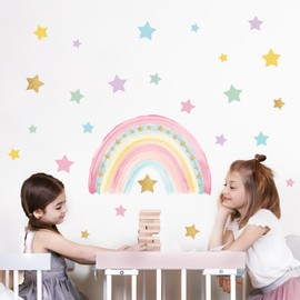 Supzone Large Rainbow Wall Stickers Boho Rainbow Wall Decal Colorful Stars Vinyl Wall Art Sticker for Girls' Room Kids Baby Nursery Bedroom Living Room Playroom Classroom Wall Decor