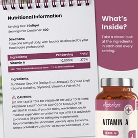Vitamin A Softgels - 10,000IU High Strength - 400 Capsules (not Tablets) - 13 Month Supply - Contributes to Healthy Skin, Normal Vision, Immune System, Iron Metabolism - Made in The UK by VitaBright