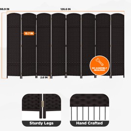 Room Divider 8 Panel Screen 5.6 Ft Tall Partition Room Dividers Brown Privacy Screens Folding Room Separation Free Standing Waterproof Wood Frame Wall Divider