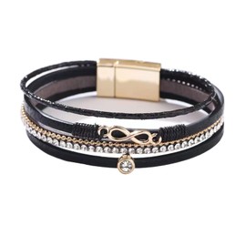 KunBead Black Multilayer Leather Wrap Bracelet for Women Sparkling Colorful Bohemian Braided Wristbands Infinity Charm Bracelets