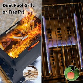 BiggerFire Camping Grill Fire Pit, 2 in 1 Portable Duel Fuel Charcoal or Gas Grill or Fire Pit, Detachable Steel Kabob Camp Grills Bonfire Stove with Hose for Outdoor Cooking BBQ for 13 Skewers