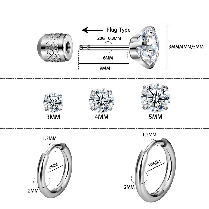 8 Pairs Stainless Steel Earrings Stud Set Hypoallergenic Cubic Zirconia