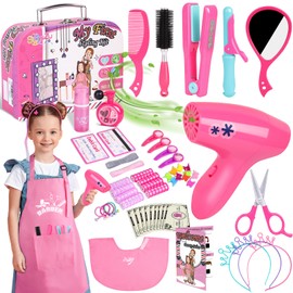 Friseurset Spielzeug Kinder,Gifts2U Friseur Set Schönheitssalon Set mit Spielzeug Haartrockner Haarglätter Kamm Spiegel Schürze Haarstyling Zubehör Kinderschminke Rollenspiel für Mädchen ab 3-8 Jahre