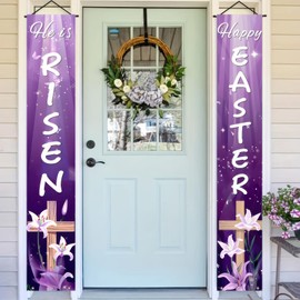 BlissYard Easter Porch Banners Happy Easter Banner and He Is Risen Decor Purple Cross Design Easter Banners For Outside 70x12 Inches Vertical Signs Backdrop for Outdoor Decorations