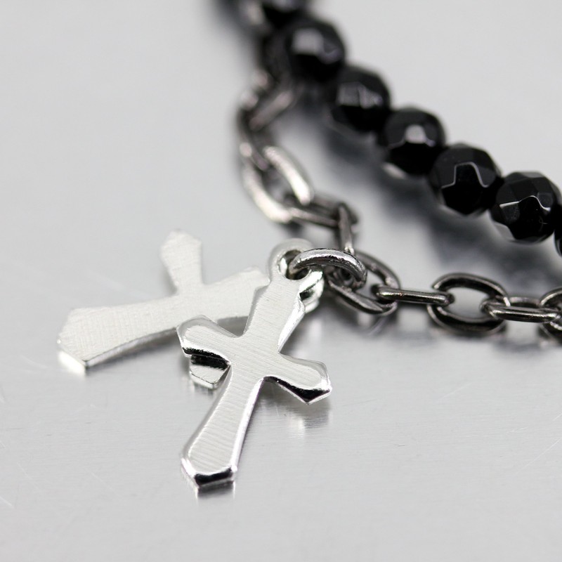 Orris Anklet, Black, Onyx, Silver, Stainless Steel, Popular, Double Cross,