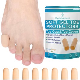 Byehambuni Gel Toe Protectors for Men and Women - 8 Pack Toe Covers - Toe Cap - Toe Sleeves - for Corns, Calluses, Blisters - Protects Toenails, Prevents Rubbing - Beige (Pinky Size)