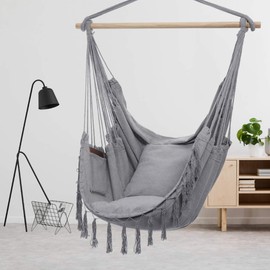 Y- STOP Hammock Chair Hanging Rope Swing, Max 500 Lbs, 2 Cushions Included, Large Macrame Hanging Chair with Pocket for Superior Comfort, with Hardware Kit (Light Grey)