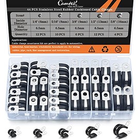 44PCS Cable Clamps Assortment Kit, Camtek Stainless Steel Rubber Cushion Pipe Clamps Hose Clamps Rubber Cushioned Fuel Line Hose Water Pipe Air Tubing Clamps - 5 Sizes 1/4'' 5/16'' 3/8'' 1/2'' 5/8''