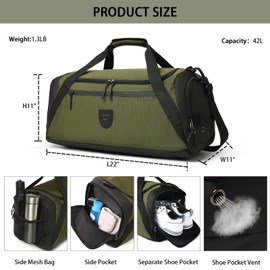 Gym Duffle Bags For Men & Women, Large Duffle Bag For Men Travel, Weekend Overnight Bag With Shoe Compartment & Wet Pocket, Water Resistant Sports Duffle Bag Gymbag A-TD-003-Green