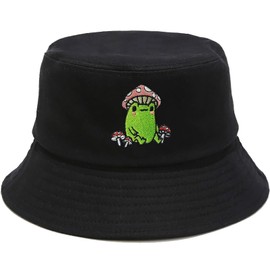 Mushroom Frog Embroidery Black Bucket Hat Beach Sun Hat Fishing Hat for Women Men Summer Sun Protection Fisherman Hat