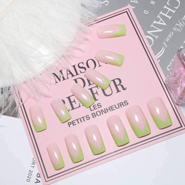 Yheakne V Shape Press on Nails Glossy French Ballerina Fake Nails Fashion Clip on Nails Full Cover Ombre Green Nude Nails Artificial False Nails Tips for Women and Girls 24Pcs (Long Green Tips)