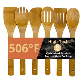 Krysclove Natural Carbonized Bamboo Spoons for Cooking,Dark Premium Bamboo Kitchen Utensil Set 6-Piece,Durable Heat-Resistant Tools for Non-Stick Pans (Carbonized Bamboo 02)