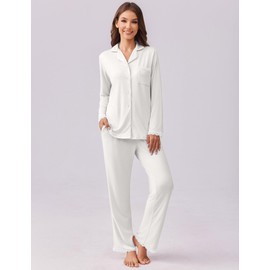 Ekouaer Womens Pajamas Set Long Sleeve Sleepwear Button Down Lounge Set 2 Pieces Soft Nightwear Lace Pjs Set White